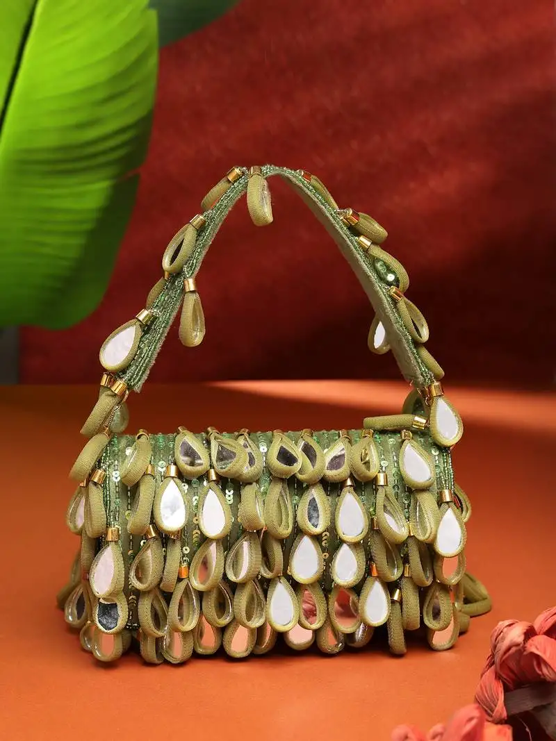Tipify olive green & gold mirror work embellished fabric clutch