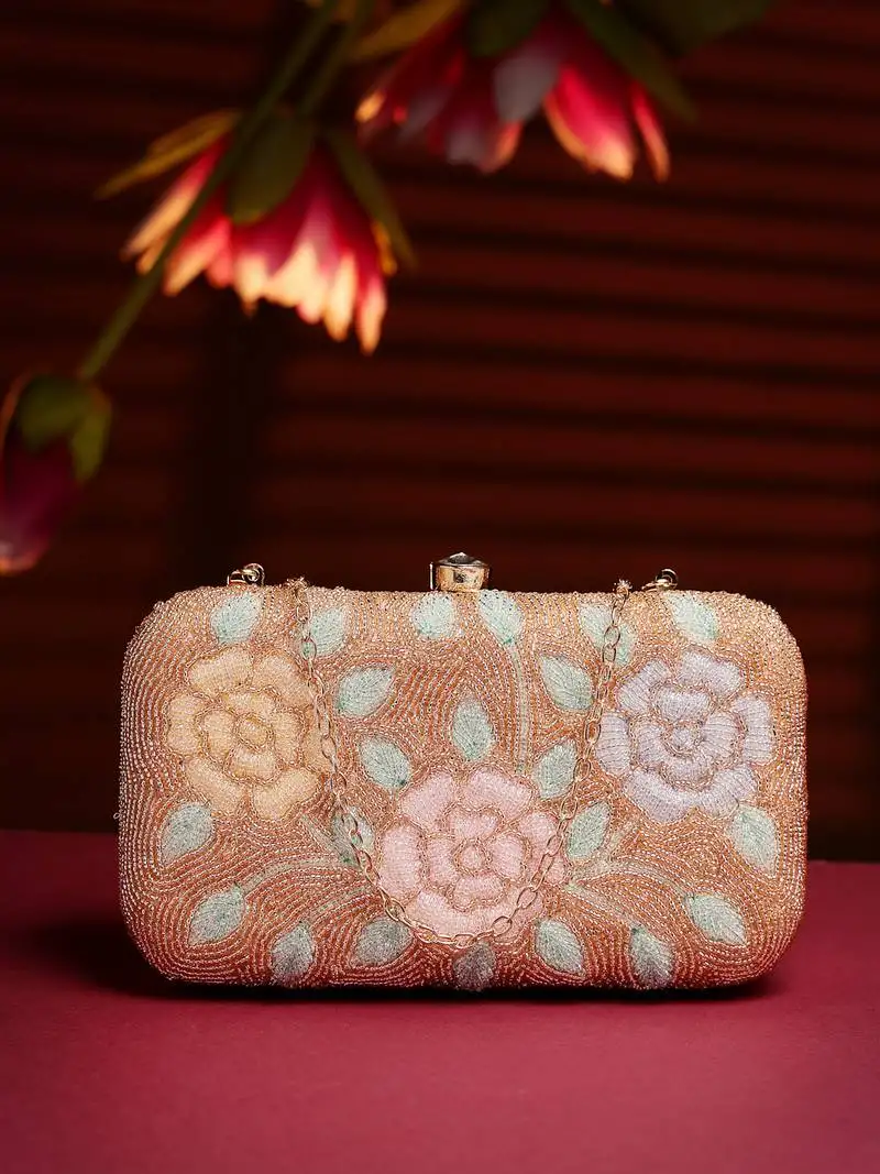 Adorn gold & pastel multi floral embellished fabric clutch