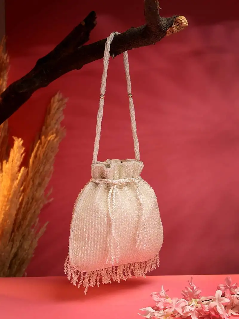 Dangle white & silver striped embellished faux silk potli