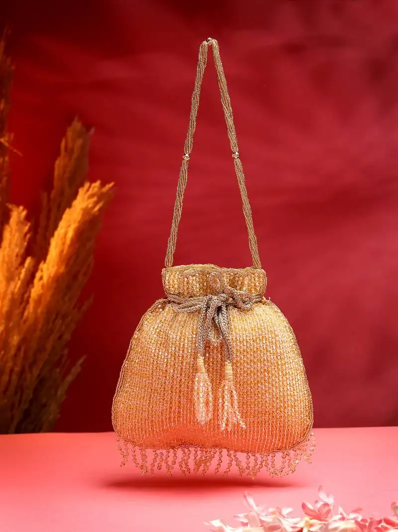 Dangle gold striped embellished faux silk potli