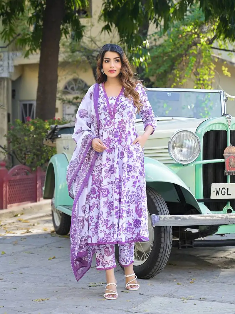 Divena purple floral printed anarkali pure cotton kurta with trousers & dupatta stitched