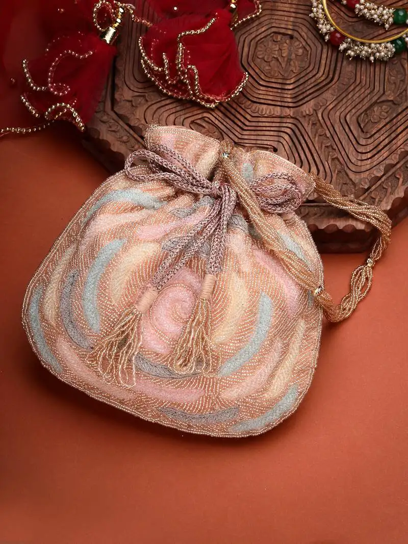 Dangle coral blossom & pastel multi rose embellished faux silk potli