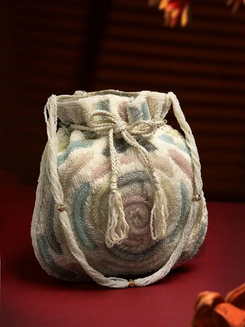 Dangle white & pastel multi rose embellished faux silk potli