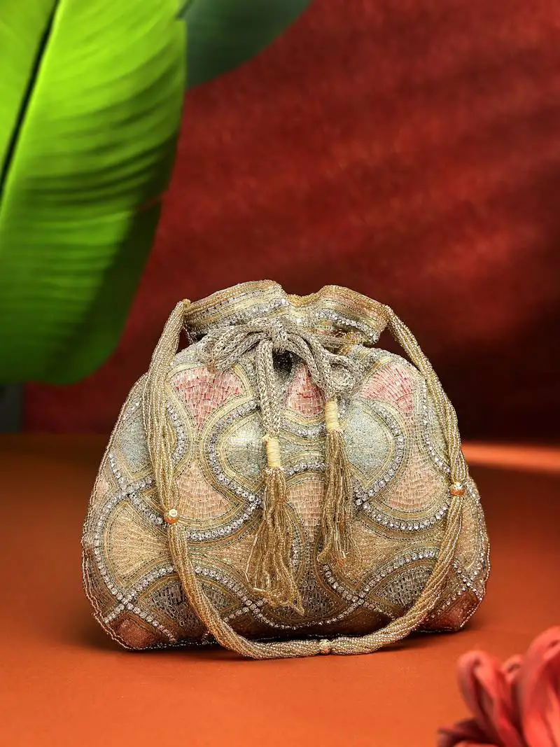 Dangle gold & pastel multi vermicular embellished faux silk potli