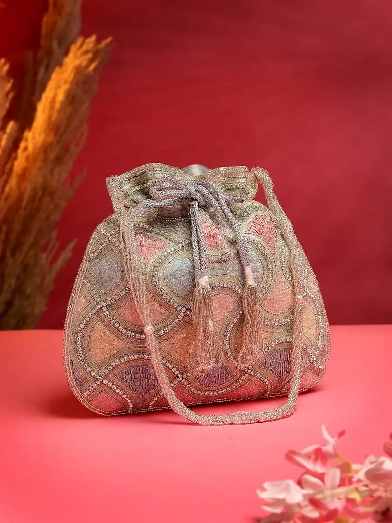 Dangle silver & pastel multi vermicular embellished faux silk potli