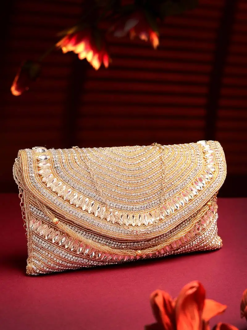 Adorn champagne & gold stone work embellished faux silk clutch