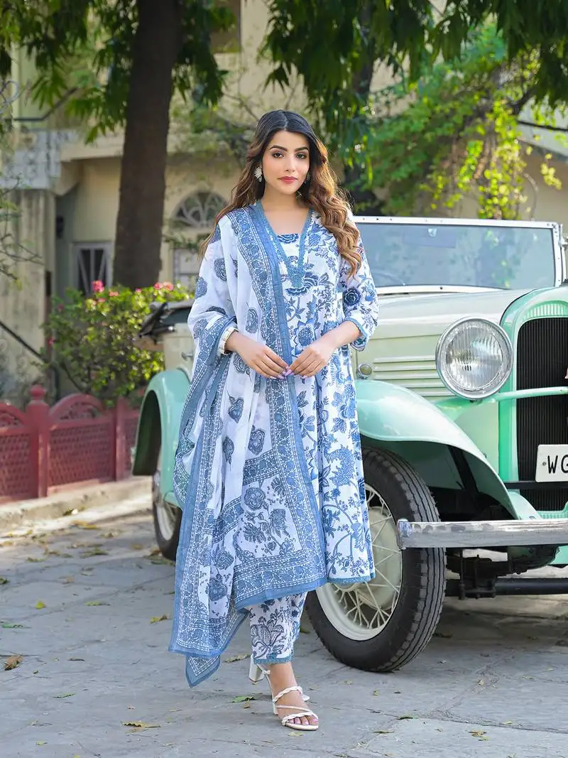Divena blue floral printed anarkali pure cotton kurta with trousers & dupatta stitched