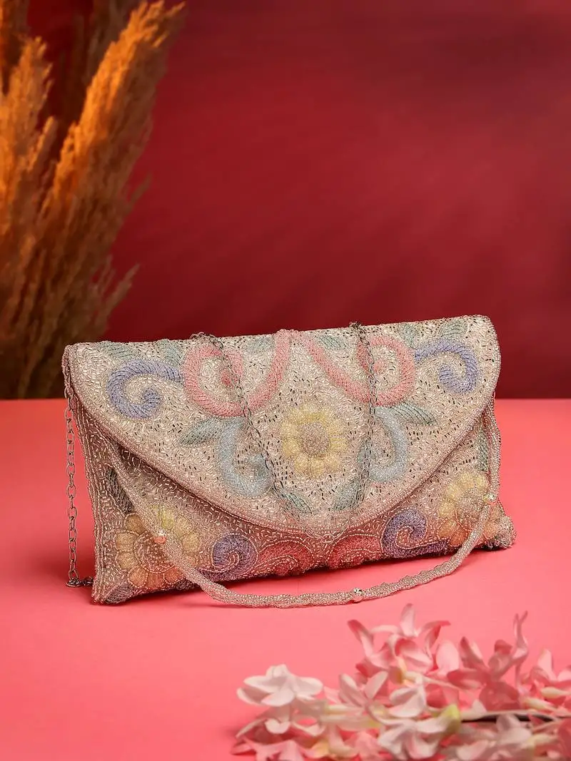 Adorn silver and pastel multi floral embellished faux silk clutch