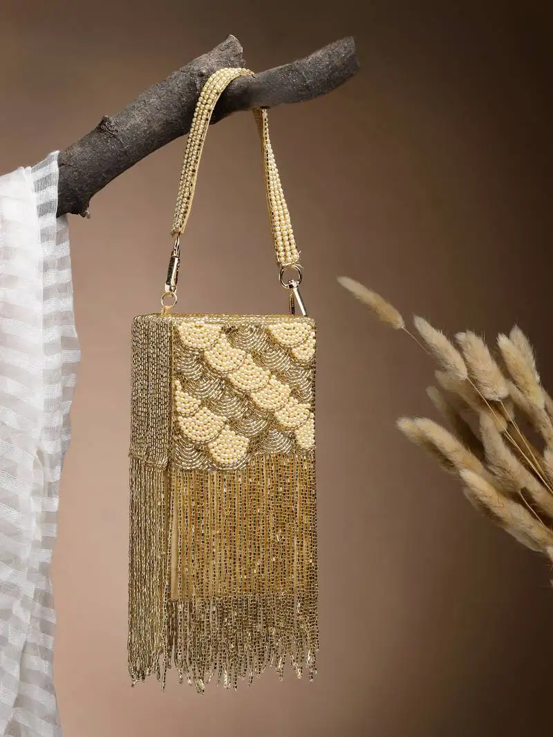 Droop gold scale embellished faux silk clutch