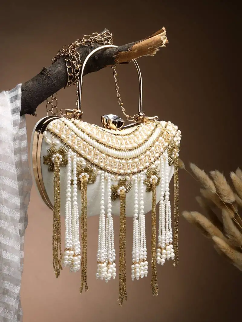 Droop white & gold floral embellished velvet clutch