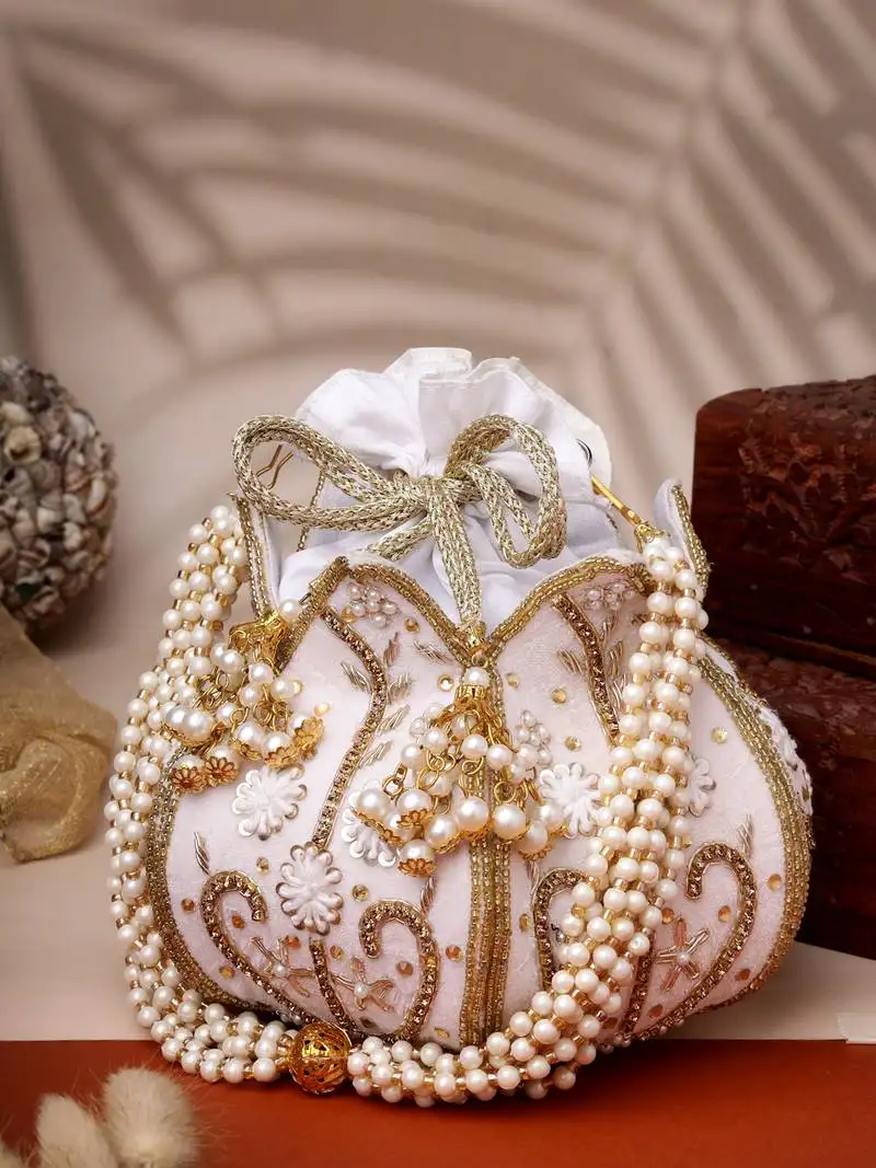 Lotus white & gold floral embellished velvet potli