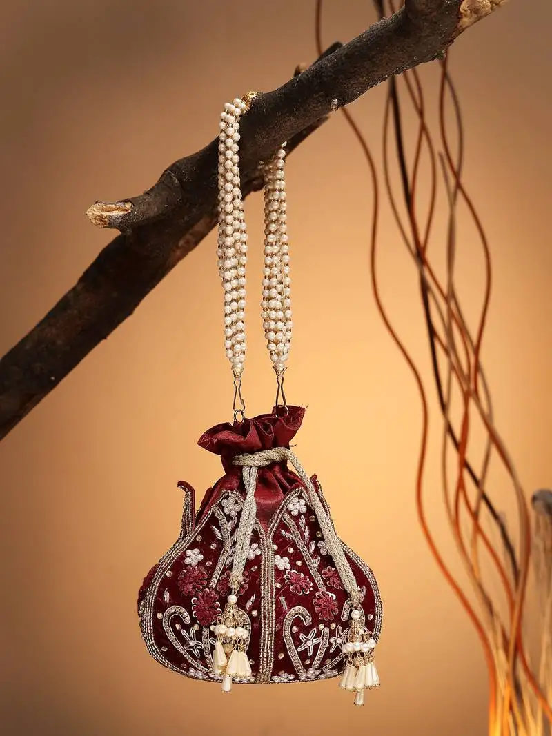 Lotus dark maroon & gold floral embellished velvet potli