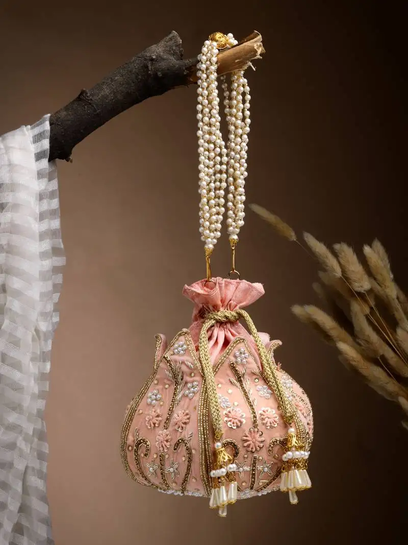 Lotus pastel peach & gold floral embellished velvet potli