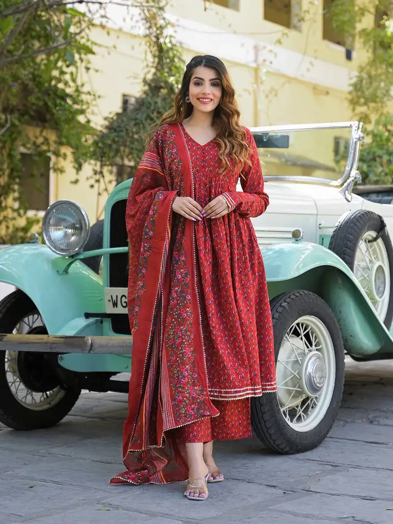 Divena red floral cotton printed anarkali kurta pant with dupatta stitched