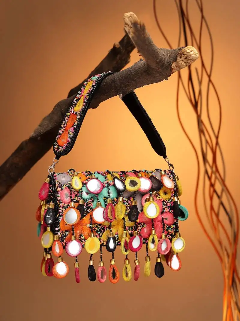 Tipify black & multi mirror work embellished velvet clutch