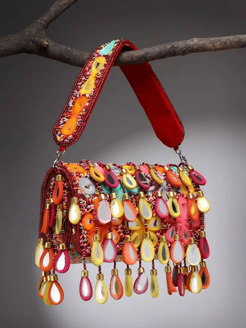 Tipify maroon & multi mirror work embellished velvet clutch