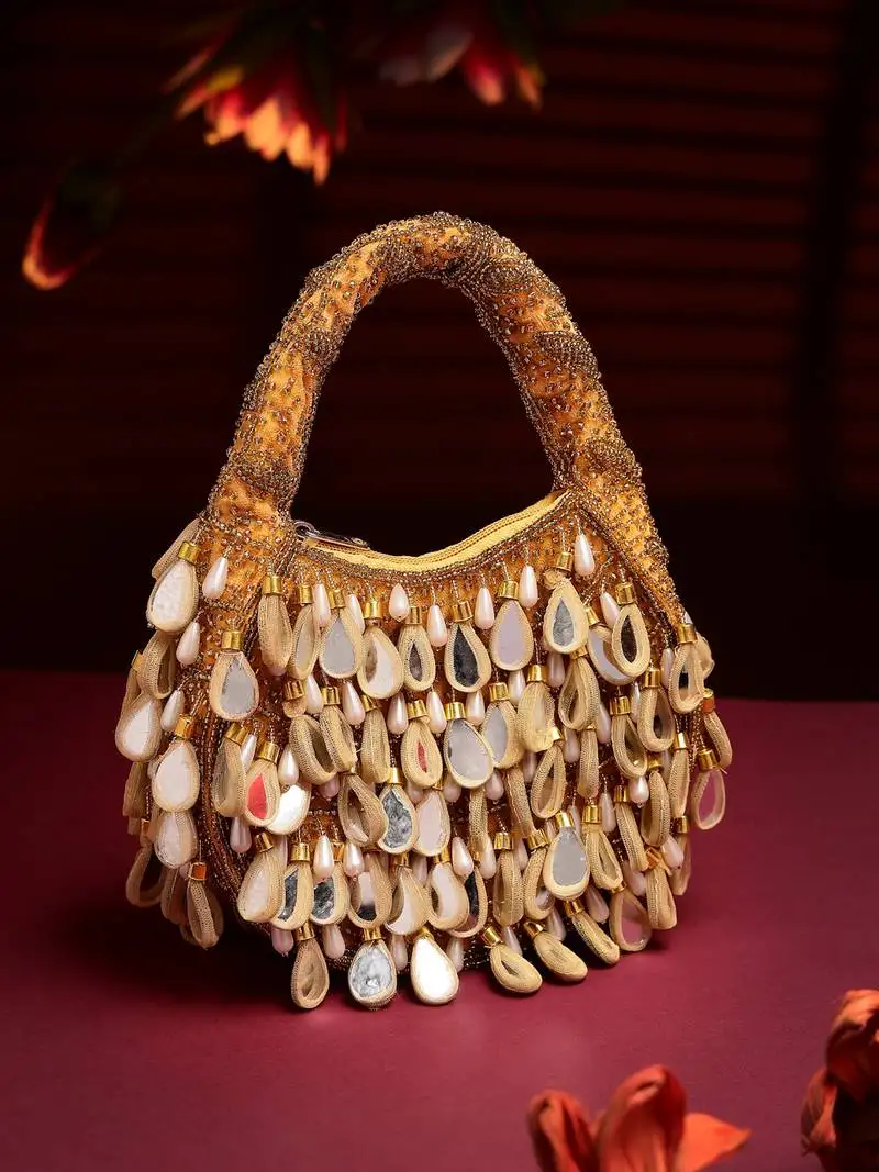 Tipify camel, gold & pearl mirror work embellished velvet purse