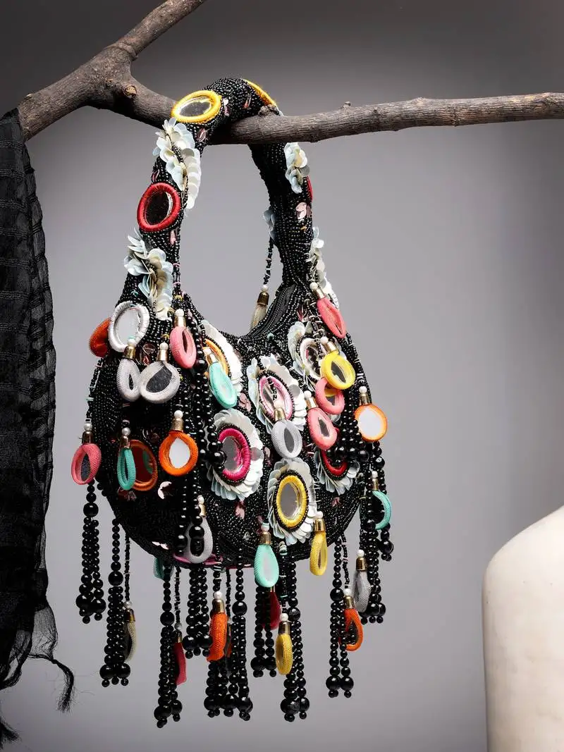 Tipify black & multi mirror work embellished velvet purse