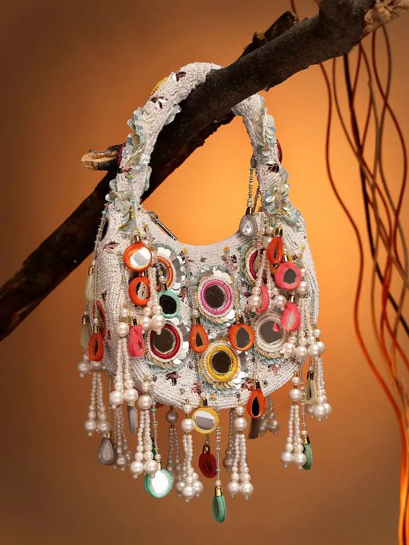 Tipify white & multi mirror work embellished velvet purse