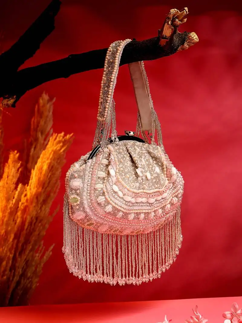 Droop white & pastel multi bead work embellished faux silk clutch