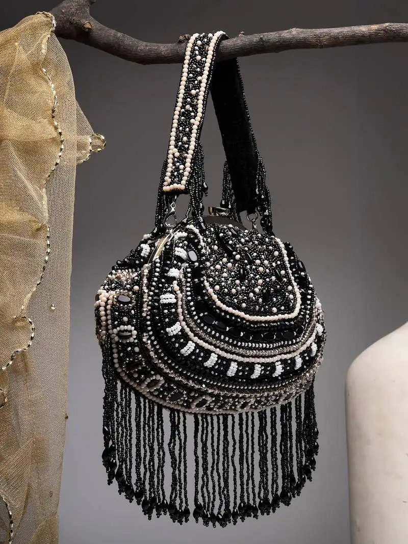 Droop black & pastel multi bead work embellished faux silk clutch