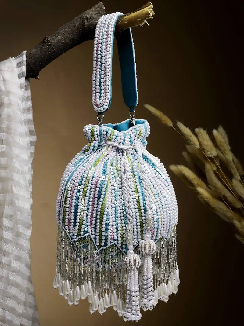 Droop aqua blue , white & pastel multi striped embellished velvet potli