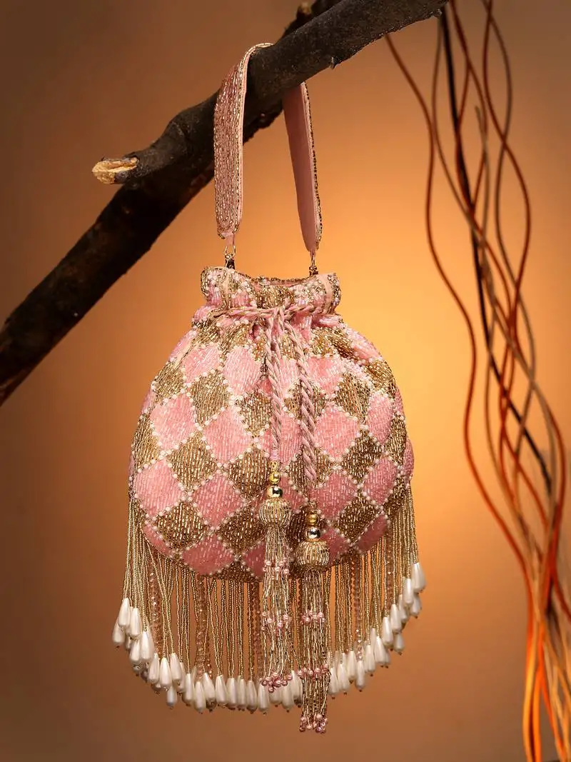 Droop baby pink & gold diamond embellished velvet potli