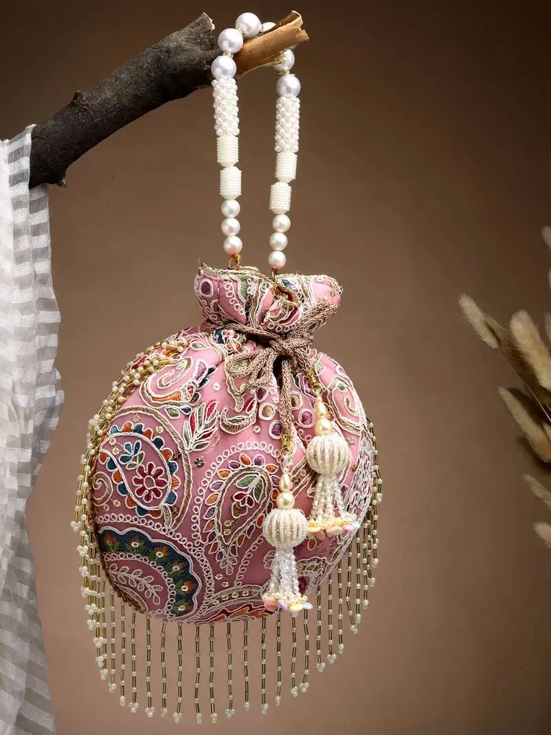 Droop lavender & multi paisely embroidered georgette potli