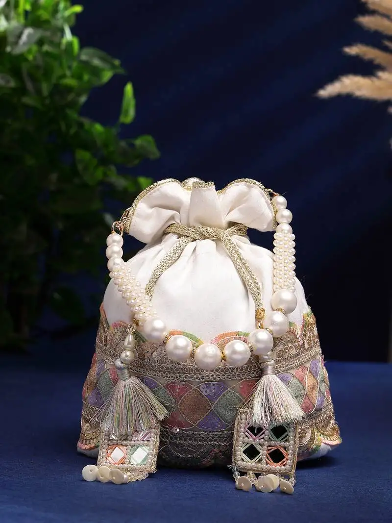 Dangle white & multi lace embellished faux silk potli