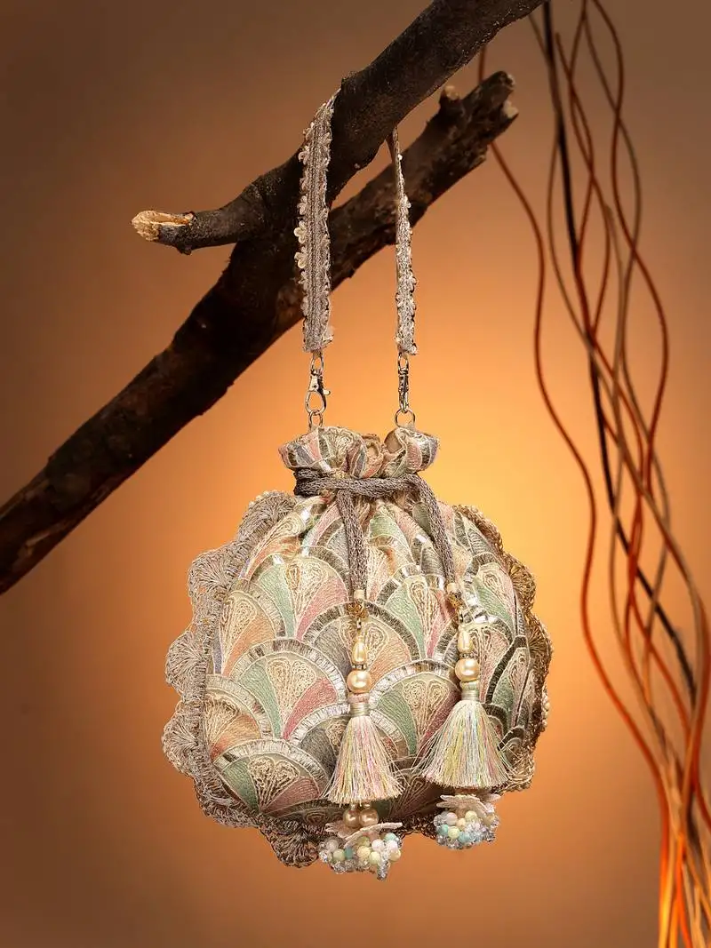 Dangle champagne gold & pastel multi scale embroidered georgette potli