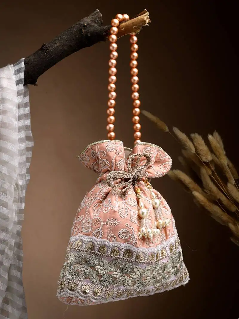 Dangle peach parfait & golden floral embroidered faux silk potli