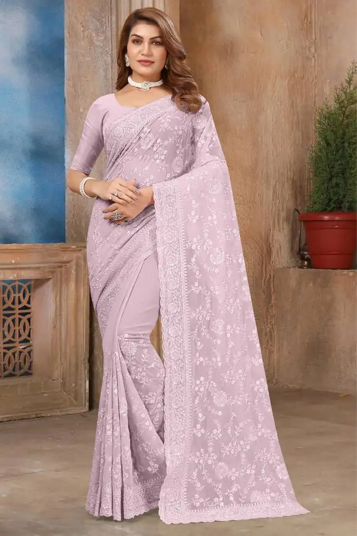 Lavender sequin embroidered georgette saree with unstitch blouse piece