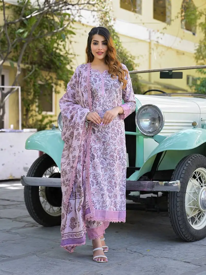 Divena light purple floral printed kurta pant with dupatta stitched