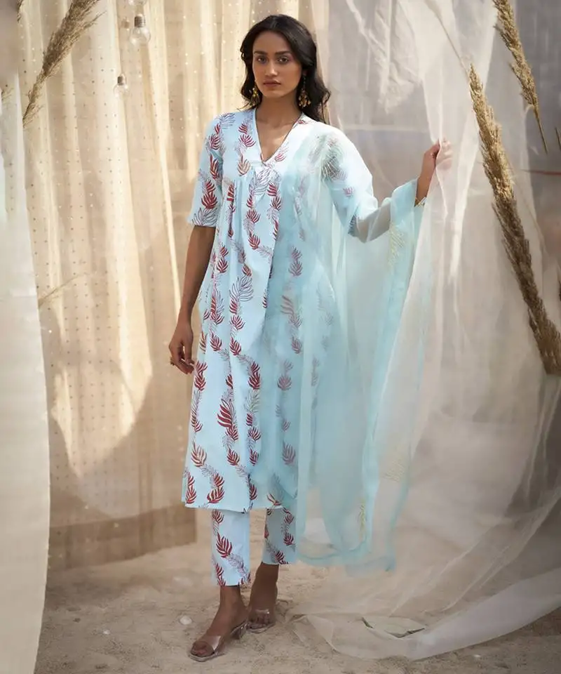 Light blue base floral leaf print kurta set
