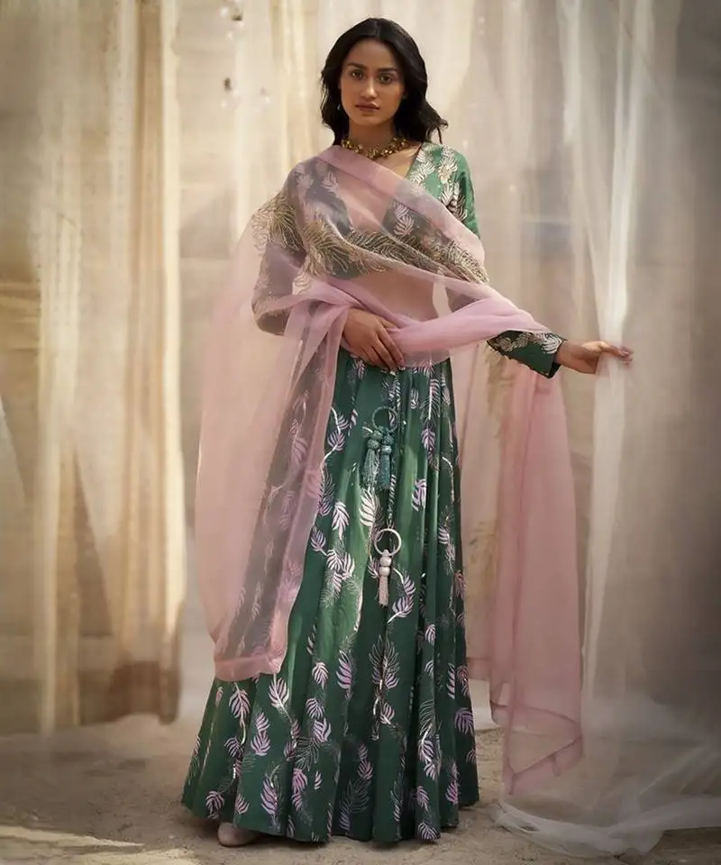 Green base floral leaf print lehenga set