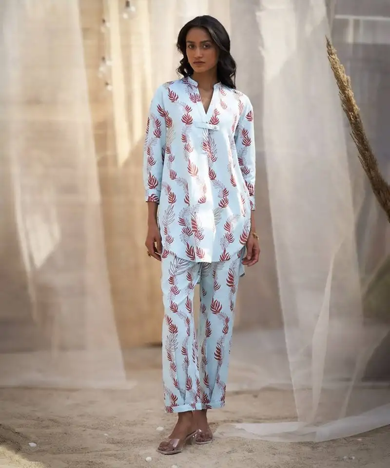 Light blue base floral leaf print co ord set