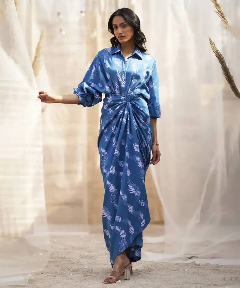 Deep blue base floral leaf print skirt dress