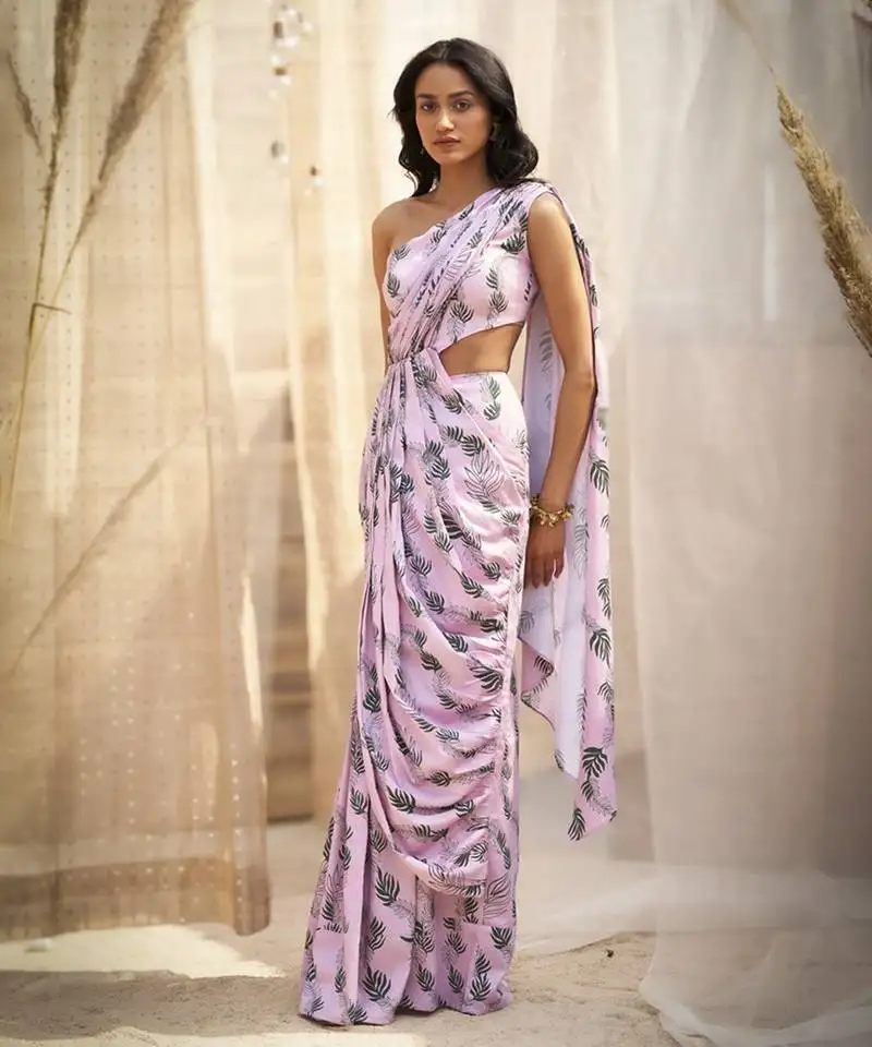 Pink base floral leaf print drape saree dress