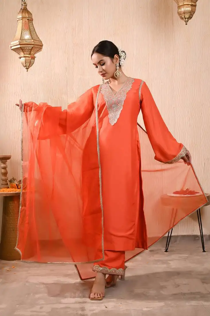 Orange silk kurta set
