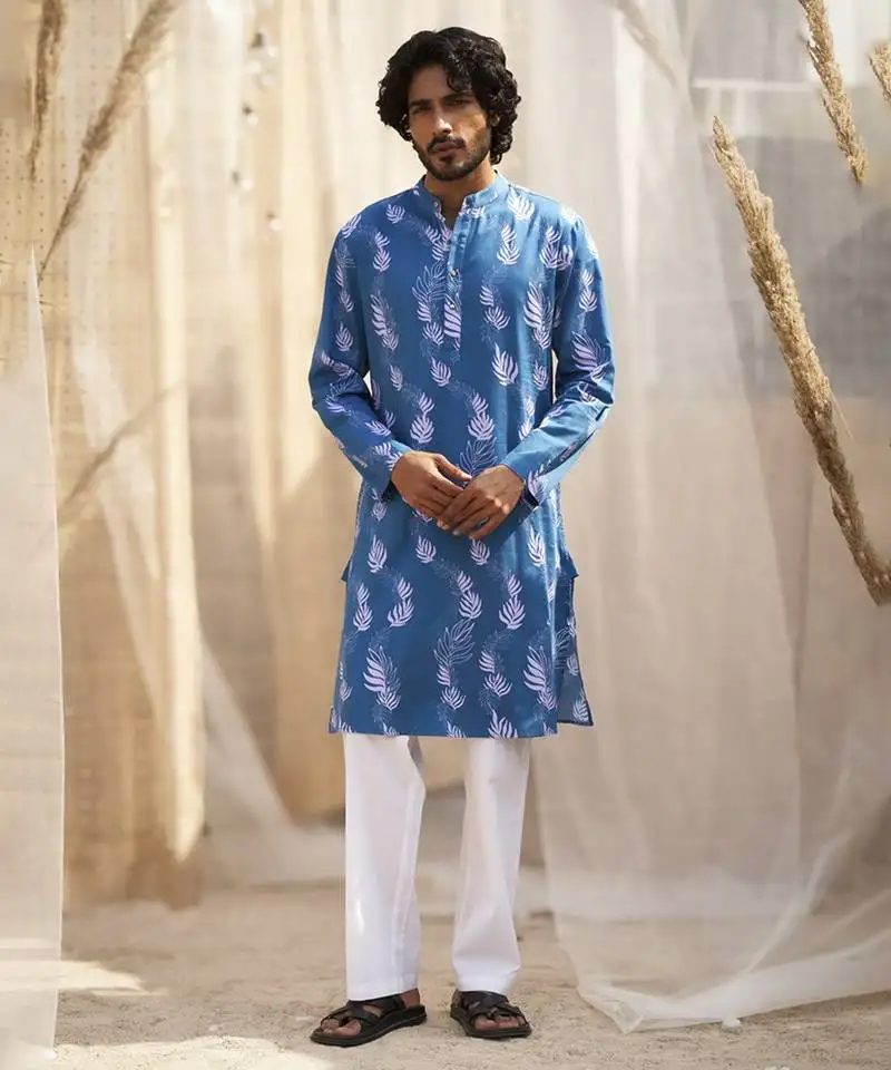 Deep blue base floral leaf print kurta set for men
