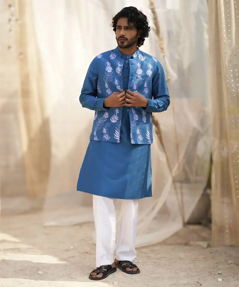 Deep blue base floral leaf print kurta set with jacket for men