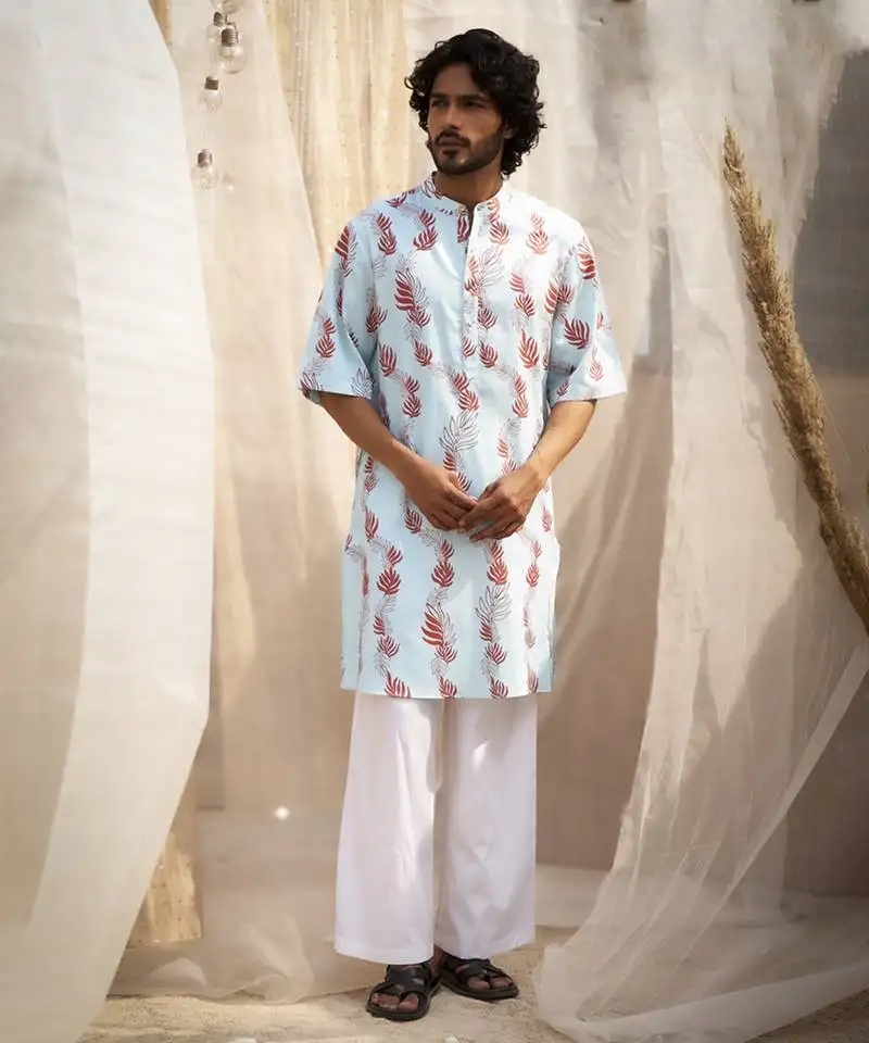Light blue base floral leaf print kurta set for men