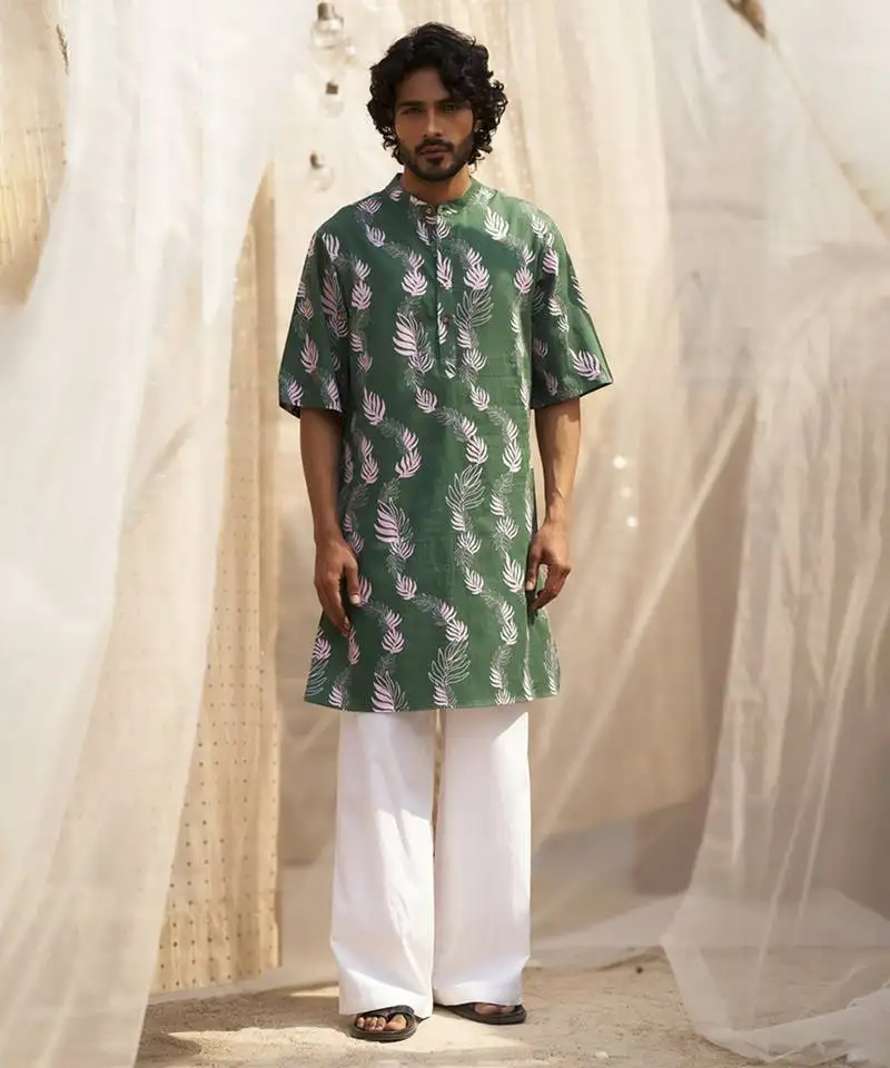 Green base floral leaf print kurta set for men