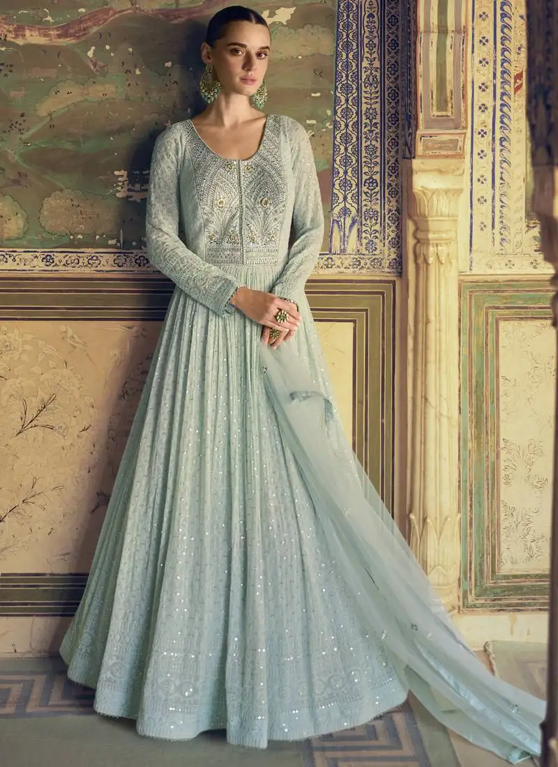 Light sky blue georgette chiknkari embroidered anarkali suit stitched