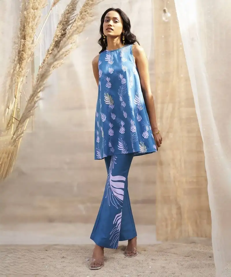 Deep blue base floral leaf print co ord set