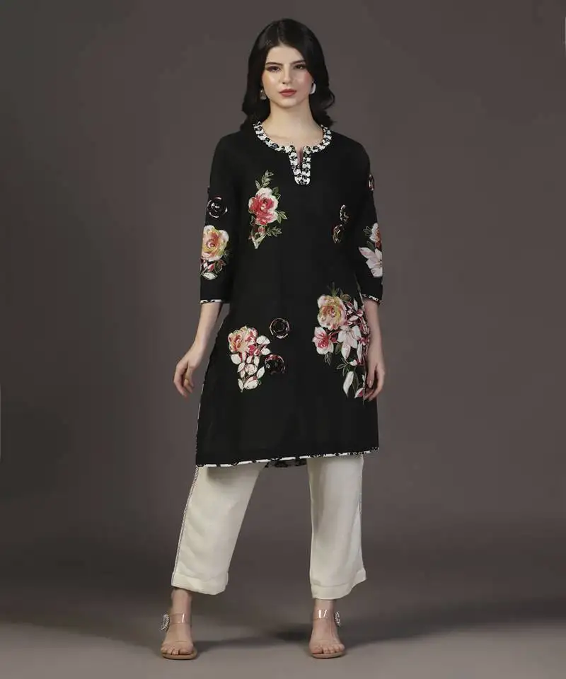 Black 3d shadow floral printed and applique work kurta set