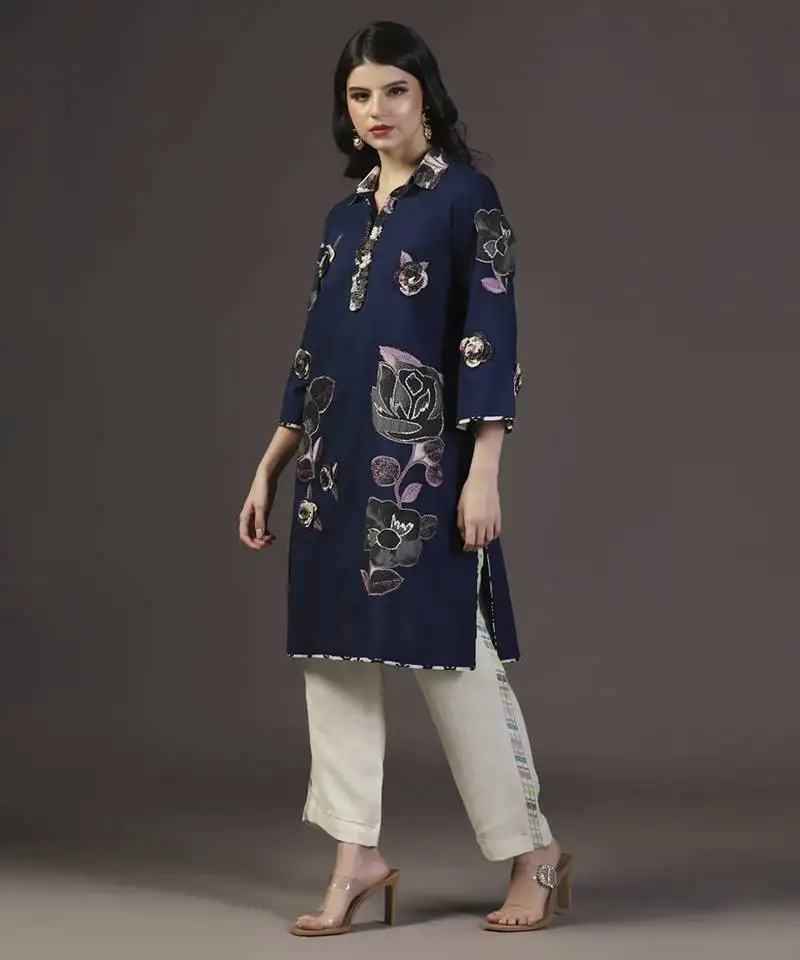 Ocean breeze navy blue printed and applique kurta set