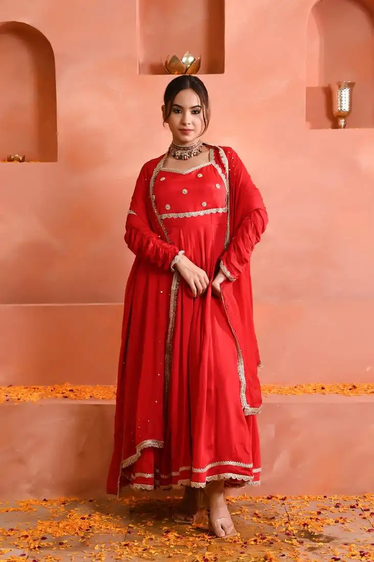 Red chinon anarkali set