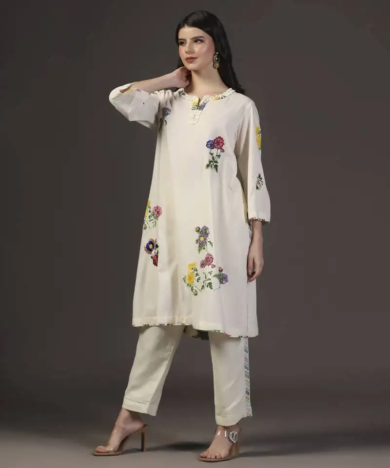 Blissful white cotton printed and applique kurta set