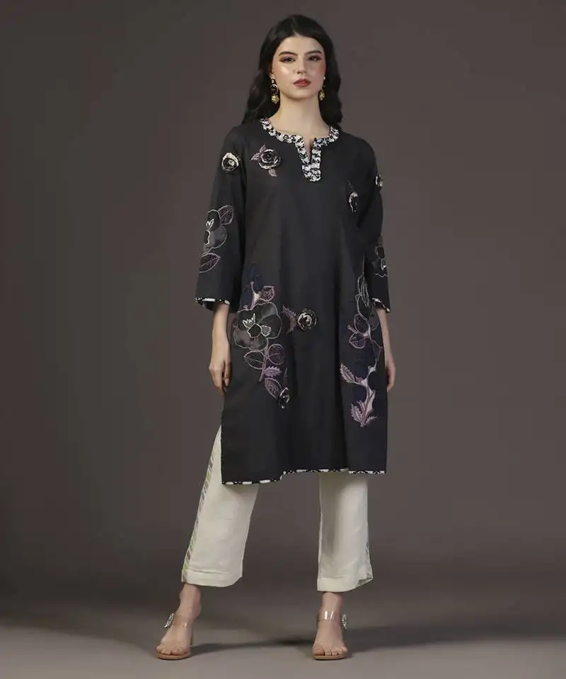 Midnight mirage black printed applique kurta set